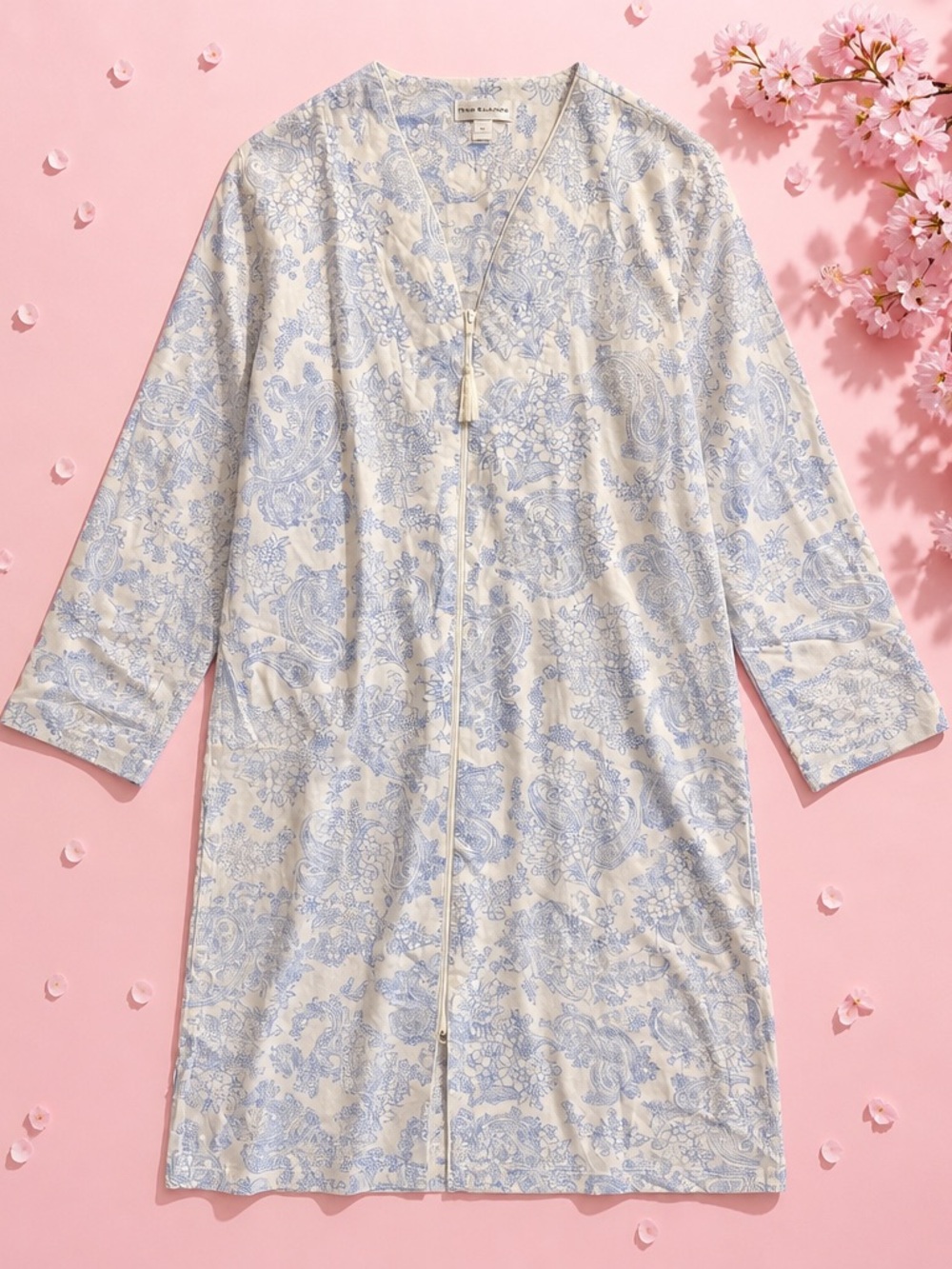 Miss Elaine Blue White Paisley Zip Front Housecoat Robe